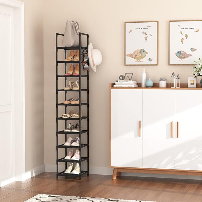 LANTEFUL Tall Narrow Shoe Rack for Entryway, 10-Tier Sturdy Metal Shoe Shelf Storage 10-15 Pairs of Shoes and Boots, Space Sa