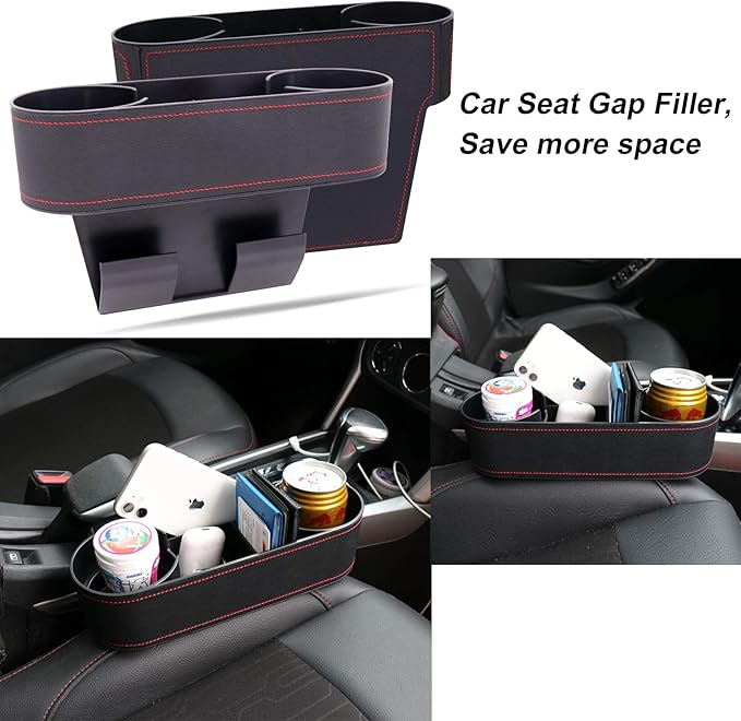 Car Seat Organizer Cup Drink Holders,Multifunctional Gap Filler Storage Box,Insert Organization Helps Reduce Distracted Driving&Holds Phone Mount Mug Bottle Cellphones Coasters Wallet Cards (Black)