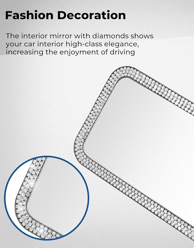 JOYTUTUS Rear View Mirror, Universal 11.81 Inch Panoramic Rearview Accessories with Bling Rhinestones Crystal Diamonds Edge, Interior Clip-on Wide Angle Rear View Mirror -White