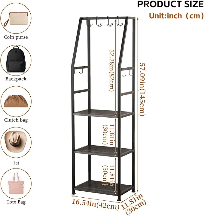 3-Tier Purse Stand Handbag Organizer, Tall Narrow Entryway Closet Bag Organizer, Wood Iron Storage Shelf, 4-in-1, with 8 Remo