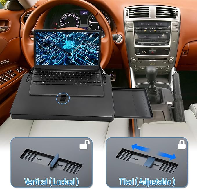 2 in 1 Steering Wheel Desk with Dual Slide Out Trays - Adjustable Laptop Holder for car with Tablet Slot Anti Slip Surface for Eating Writing Working Fit for Car SUV