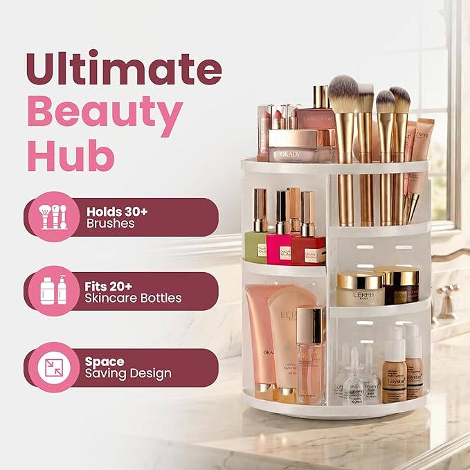 Masirs 360 Rotating Makeup Organizer for Vanity, Adjustable Shelf Height, Large Capacity Cosmetic and Skincare Storage, Lazy 