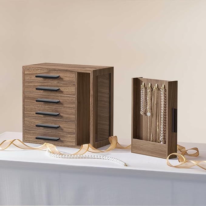 HOOBRO Jewelry Box for Women, Jewelry Organizer Box, 6-Tier Wooden Jewelry Box, Jewelry Case with Side Transparent Window, Cr