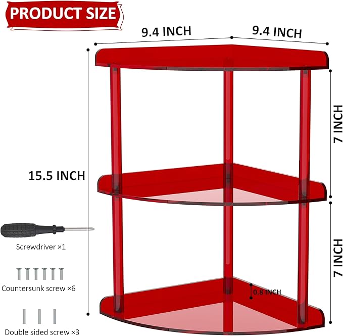 Sezanrpt 3 Tier Acrylic Corner Shelf Organizer Storage 9.5x9.5x15.7 Inch, Red Countertop Corner Shelf for Bathroom, Kitchen, 
