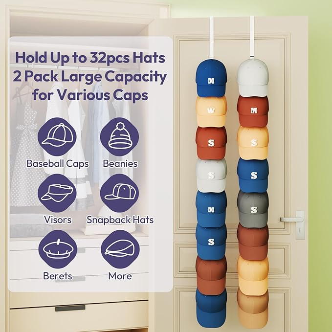 SWTYMIKI Over Door Hat Organizer - 2 Packs Metal Wall Mounted Hat Rack with 16 Hooks Design, Hanging Baseball Cap Organizer S