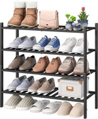 viewcare 4-Tier Black Bamboo Shoe Rack for Entryway, Stackable | Foldable | Natural, Shoe Organizer for Hallway Closet, Free 