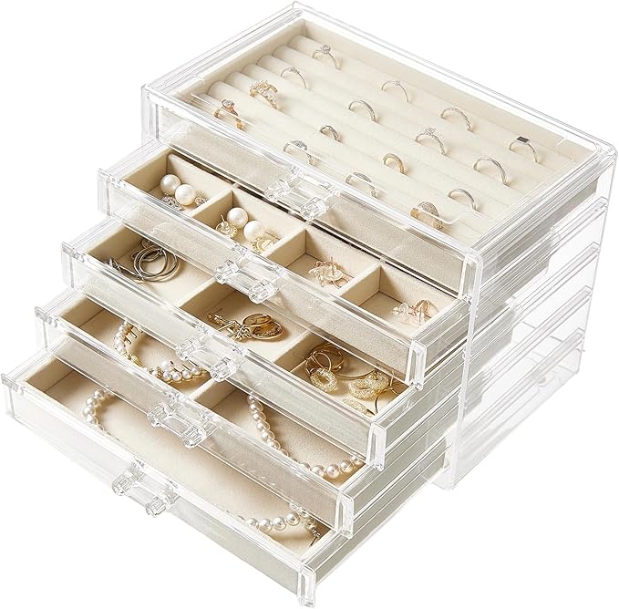 Acrylic Jewelry Box with 5 Drawers, Clear Earring Holder Organizer Rings Display Case with Adjustable Velvet Trays for Women 
