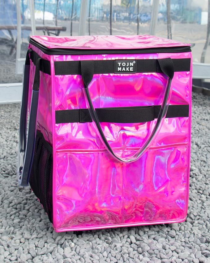 Reusable Grocery Bag On Wheels (Medium, Glitter Pink), Shopping Trolley, Rolling Tote with 8 Pockets and Zipper Cover, Foldable, Heavy Duty Handles, Carries Up to 66 LBS