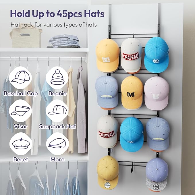 SWTYMIKI Over Door Hat Organizer - 4 Tier Metal Adjustable Wall Mounted Hat Rack with 12 Hooks Design, Hanging Baseball Cap O