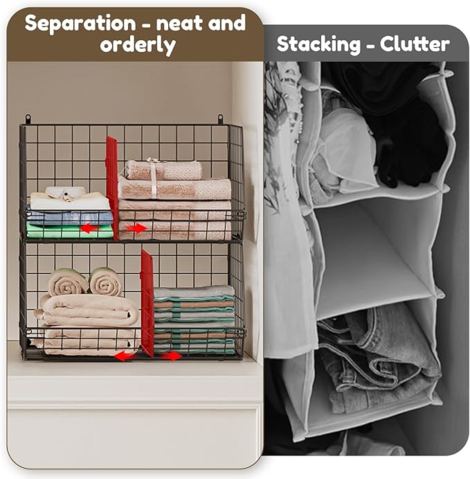 Jautokerdar 4 Tier Hanging Closet Organizer with Dividers,Extra Large Storage Hanging Shelf with 5 S Hooks 4 Dividers,Hang on