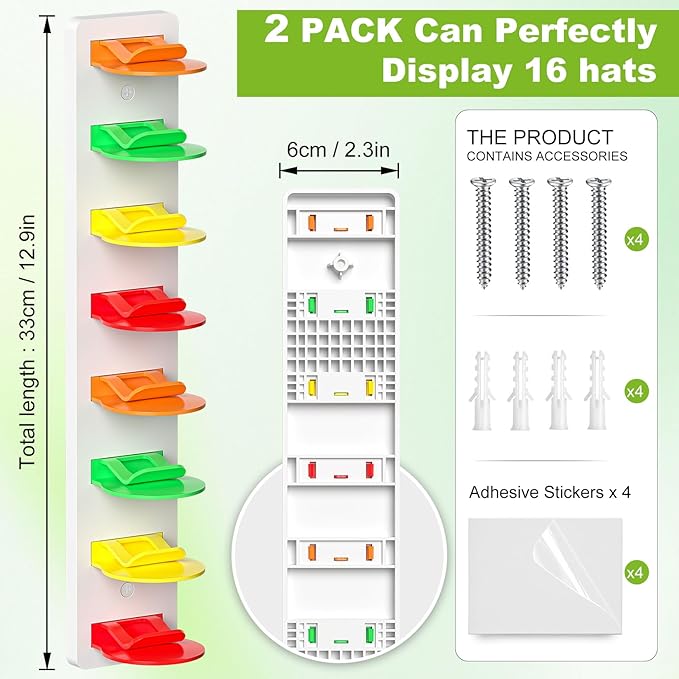 Haiou 2 Pack Hat Organizer for Baseball Caps Strong Adhesive Hat Rack for Wall Multilayer Hat Storage Display Holder Wall Mou
