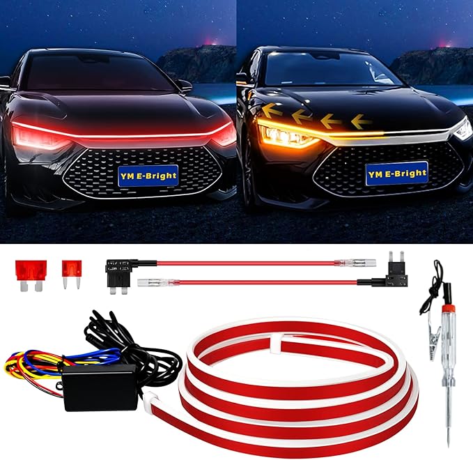 Sequential Turn Signal Led Light Strip Dynamic Scan Start Up Hood Lights Flexible DRL Daytime Running Light for Car,Truck,SUV,Dual Color Red Amber Flowing Switchback 12V 59inch /1.5M (1Set)