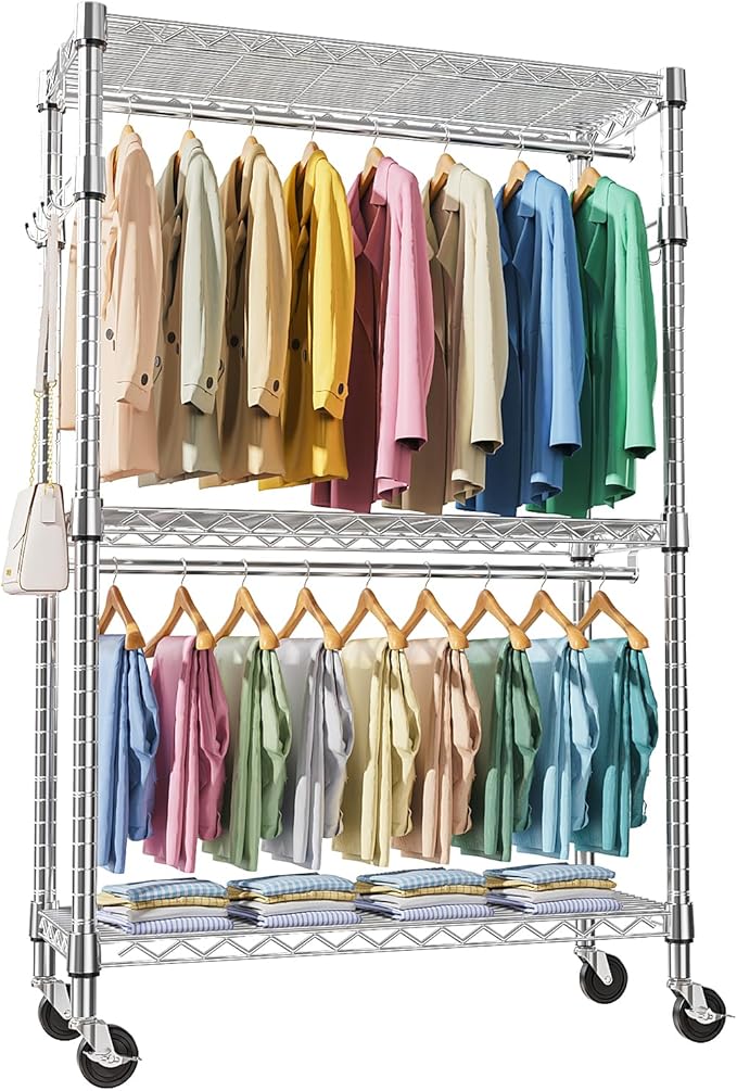 M MZG Heavy Duty Rolling Garment Rack 3 Tiers Adjustable Wire Shelving Clothes Rack with 2 Rods and Side Hooks, Storage Close