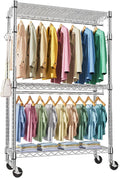 M MZG Heavy Duty Rolling Garment Rack 3 Tiers Adjustable Wire Shelving Clothes Rack with 2 Rods and Side Hooks, Storage Close