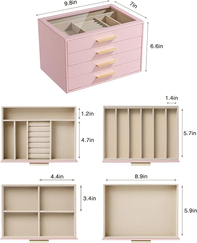 pickpiff Jewelry Box Organizer Case for Women: 4-Layer Jewelry Storage Case with Glass Window, Pink Leather with Velvet Holde