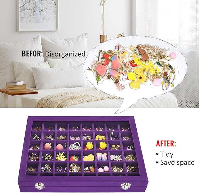 Vicoter Velvet Jewelry Tray 48 Compartments Jewelry Display Organizer with Transparent Cover Rings, Earrings, Necklaces, Pend
