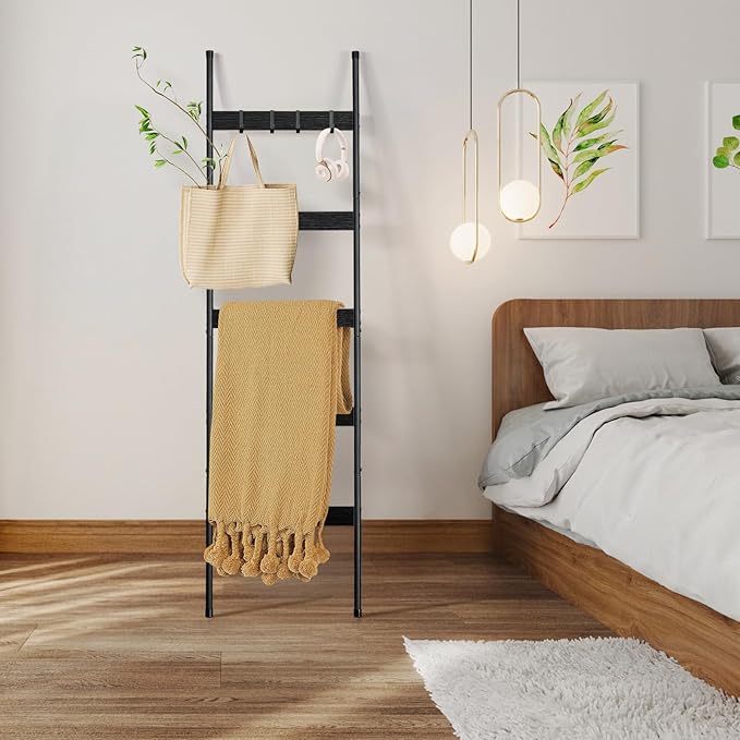 ELYKEN Blanket Ladder for Living Room, Farmhouse 5-Tier Quilt Holder with 4 Removable Hooks for Bathroom, Wood Towel Rack Dis