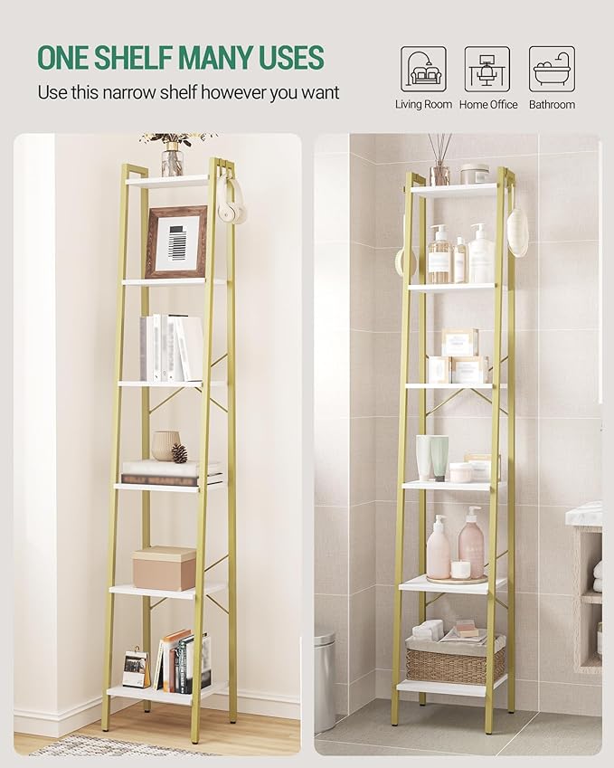 Hzuaneri Ladder Shelf, Bookshelf Bookcase, Freestanding Corner Storage Shelve with 2 Hooks for Home Office, Living Room, Kitc