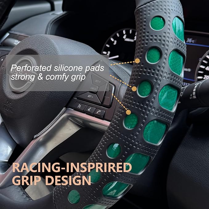 PINCTROT D Shaped Race Grip Steering Wheel Cover, Anti Slip Silicone Perforated Design with Soft Touch Padding, Enhanced Grip for Sporty Driving Flat Bottom 14.5-15 Inch (Racing Green)