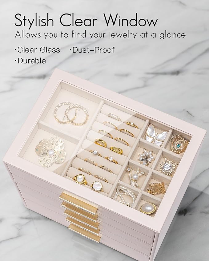 Vlando 5 Layer Jewelry Box for Women, Glass Lid Jewelry Organizer with 5 Drawers for Necklaces Rings Earrings Bracelets - Lig
