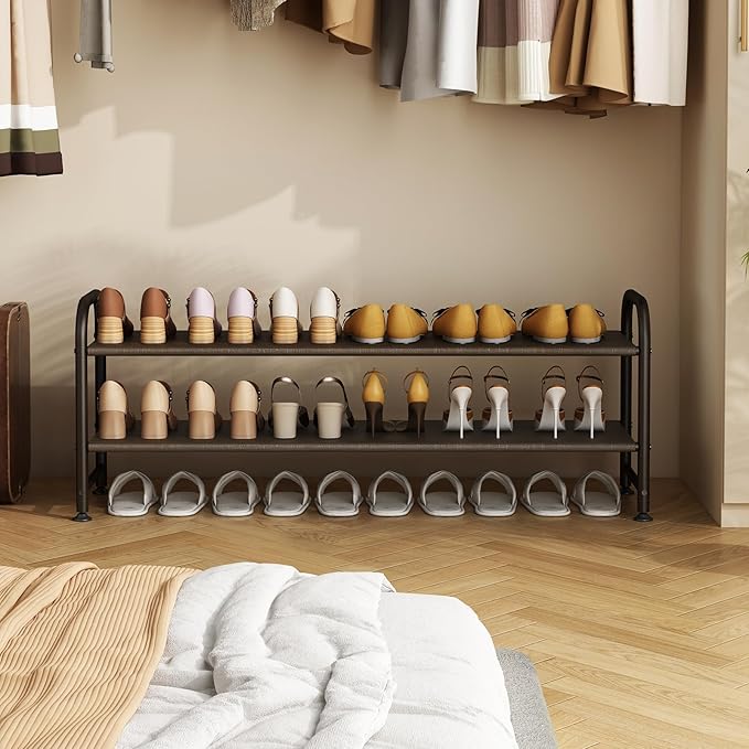 INGIORDAR Shoe Rack 2 Tier Long Storage Organizer Wide Metal Shoe Shelf for Closet Entryway Brown