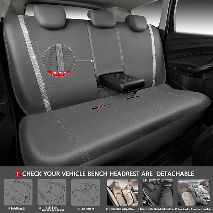 CAR PASS Bling Car Seat Covers Full Set, Shining Glitter Rhinestone Diamond Waterproof Faux Leather Interior Sets Universal Fit Automotive Glitter Crystal Sparkle Strips for Cute Women Girl, Gray
