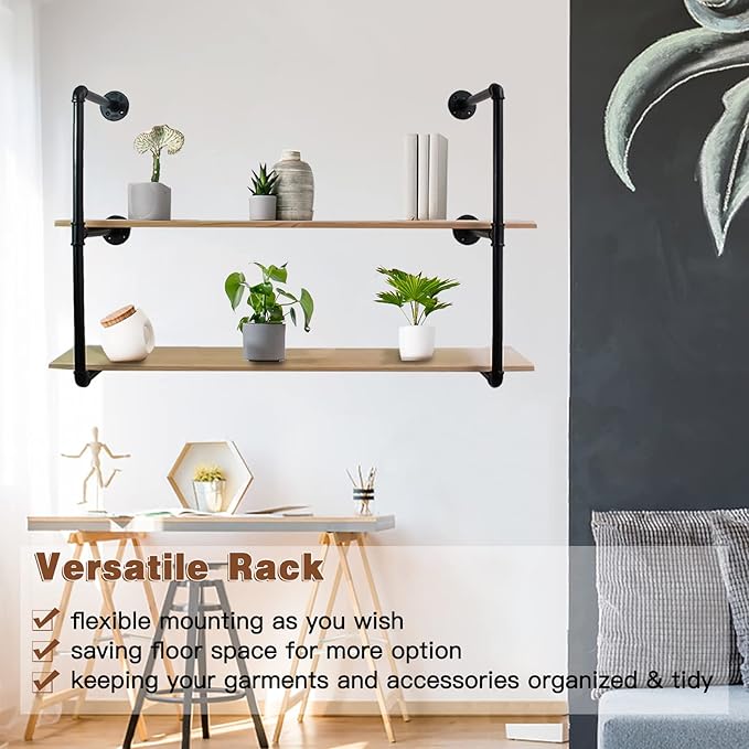 Clothes Hanger Pole Wall Mount, 72" Heavy Duty Detachable Black Iron Garment Bar Hanging Rod Holder, Clothes Rail Shelf Wardr