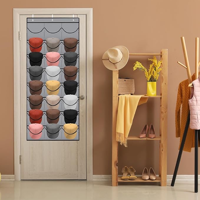 BiCINE Hat Rack for Baseball Caps, 24 Pocket Over The Door Hat Organizer Storage, Hat Holder for Door with 3 Hooks, Grey - 1 