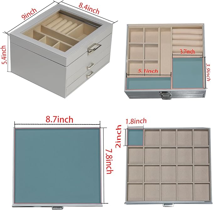 BOOVO Clear Lid Jewelry Box,3 Layers Jewelry Organizer Large Multi-Functional Jewelry Storage Box with 2 Drawers,Jewelry Disp