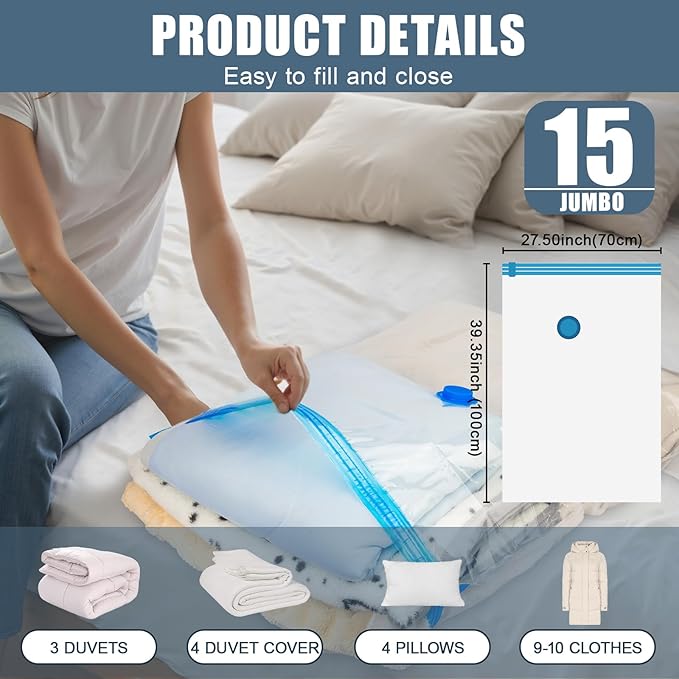 15 Jumbo Vacuum Storage Bags, Vacuum Seal Bags for Clothing Space Saver Compression Storage Bag with Hand Pump Extra Large fo
