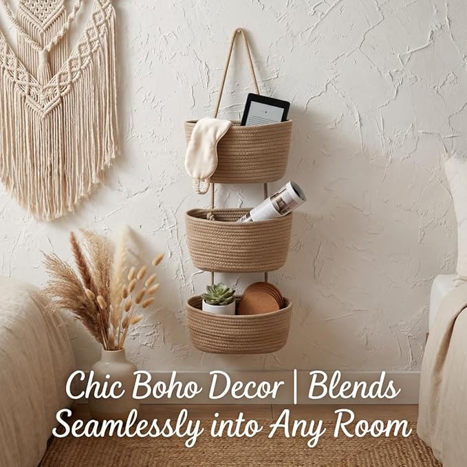 Hanging Wall Basket, Over the Door Hanging Basket with Hooks, Cotton Back of Door Organizer for Living Room, Bedroom, Boho Wa