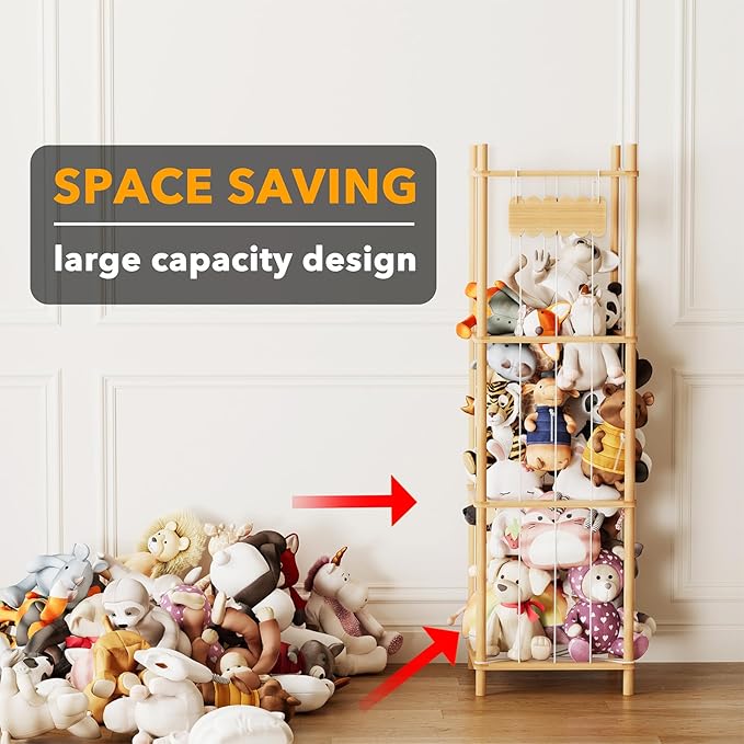 SpaceAid Stuffed Animal Storage Organizer, Wood Animals Zoo Toy Plushies Storage Holder, Large Capacity Plush Toy Cage for Pl