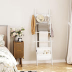 ELYKEN Blanket Ladder, 5-Tier Farmhouse Wooden Rack with Synthetic Leather Pocket, 4 Removable Hooks, Decorative Leaning Ladd