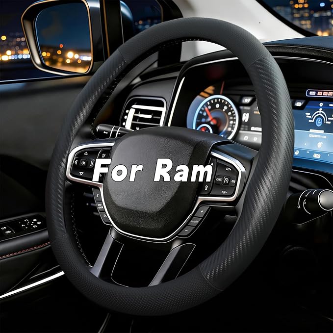 Steering Wheel Cover for Dodge Ram 1500, Ram 2500, Ram 3500, Fit 15.5-16" Wheels (Black-Half Carbon Fiber)