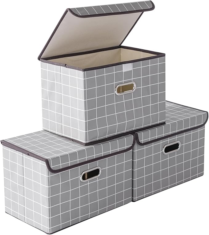 STOREONE Fabric Storage Cube Bins Foldable Organizer Container Collapsible Basket with Lids and Metal Handles, for Home, Bedr