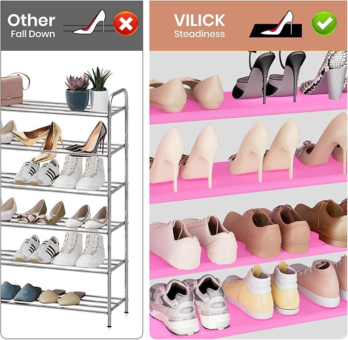 VILICK Shoe Rack for Closet Shoe Organizer Space Saver Storage for 20-25 Pair Shoe Shelf with Hook and Side Pocket Free Stand