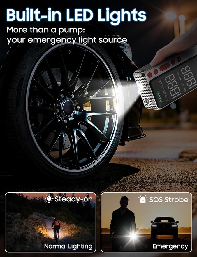 Tire Inflator Portable Air Compressor, Silver Smart Air Pump for Car Tires, All-in-One Storage Bike Tire Pump with LED Light, 10000mAh&150PSI Pump for Motor, Bicycle and More, Auto Shut-Off