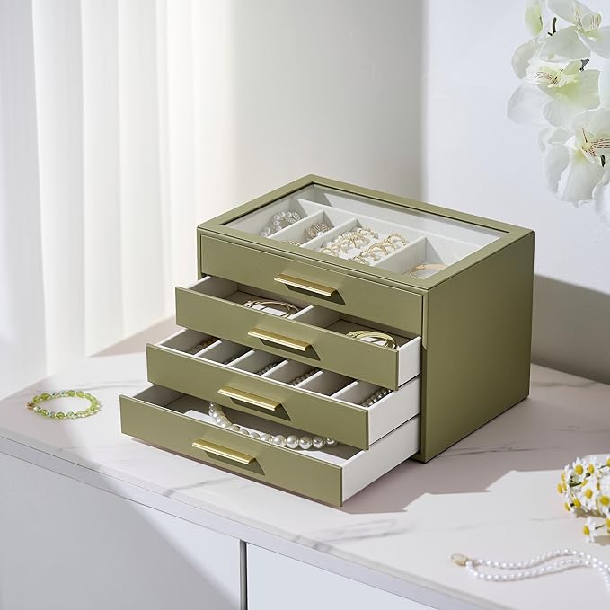 Jewelry Box Organizer Case for Women: 4-Layer Jewelry Storage Case with Glass Window, Olive Green Leather with Cream Velvet, 