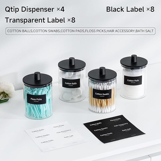 TIPGO Glass Qtip Holder Dispenser - 10 oz Clear Canister Apothecary Jar, Bathroom Vanity Storage Organizer Set for Cotton Swa