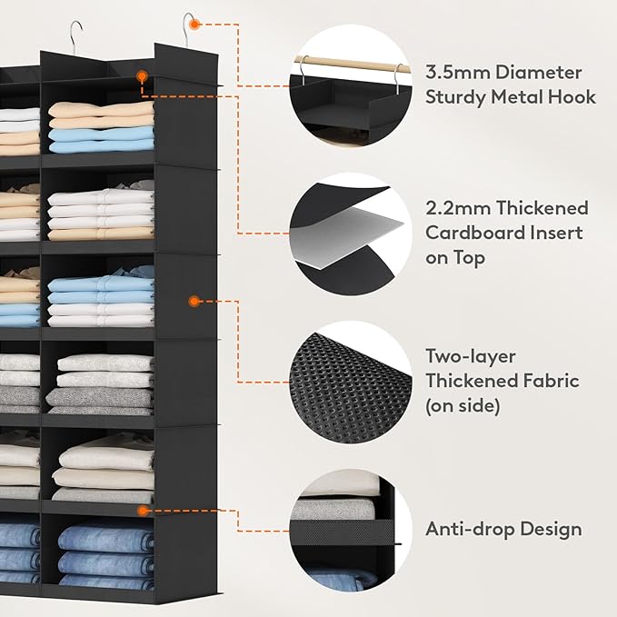 Lifewit Dual-Row Shelf Hanging Closet Organizer and Storage, Clothes Shelves with 3 Sturdy Hooks for Clothing Organization, F