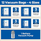 ETENWOLF 12 Pack Vacuum Storage Bags with Rechargeable Wireless Pump, Vacuum Seal Bags for Clothes and Travel, Space Saver Ba