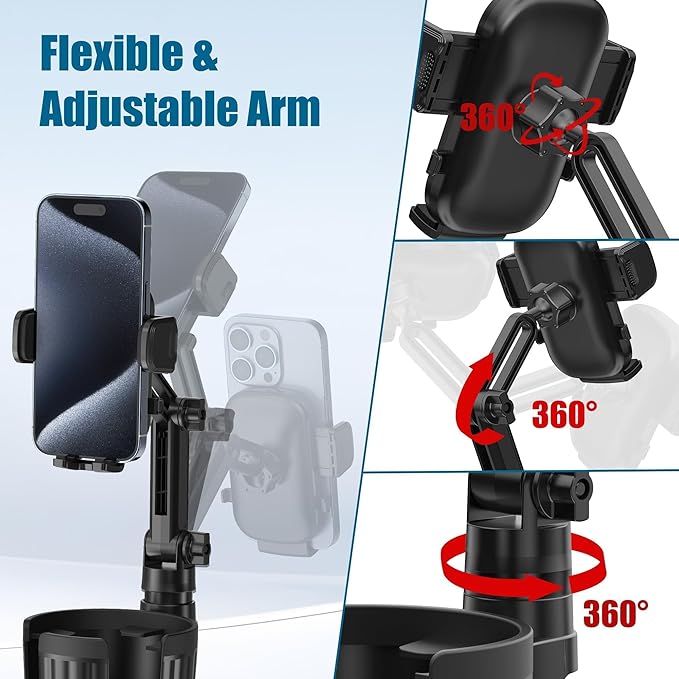 Phone Holders for Your Car Cupholder, 2 in 1 Cell Phone Holder Mount with Cup Holder Expandable Base, 360 Degree Rotating Nec