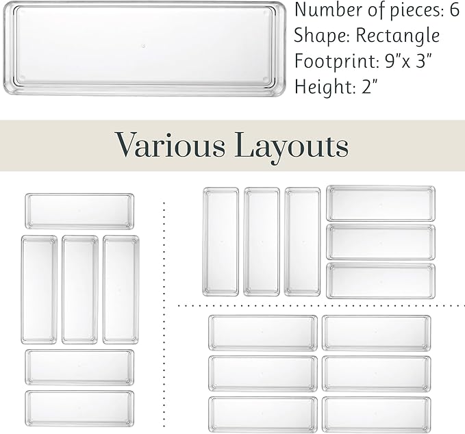 STORi SimpleSort 6-Piece Stackable Clear Drawer Organizer Set | 9" x 3" x 2" Rectangle Trays | Narrow Makeup Vanity Storage B