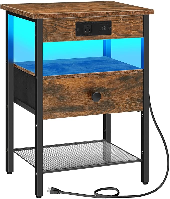 HOOBRO Floating Shelves and Nightstand Bundle, Wall Mounted Shelf Set of 2, End Table with Charging Station, BF40BJ01-BF209UD