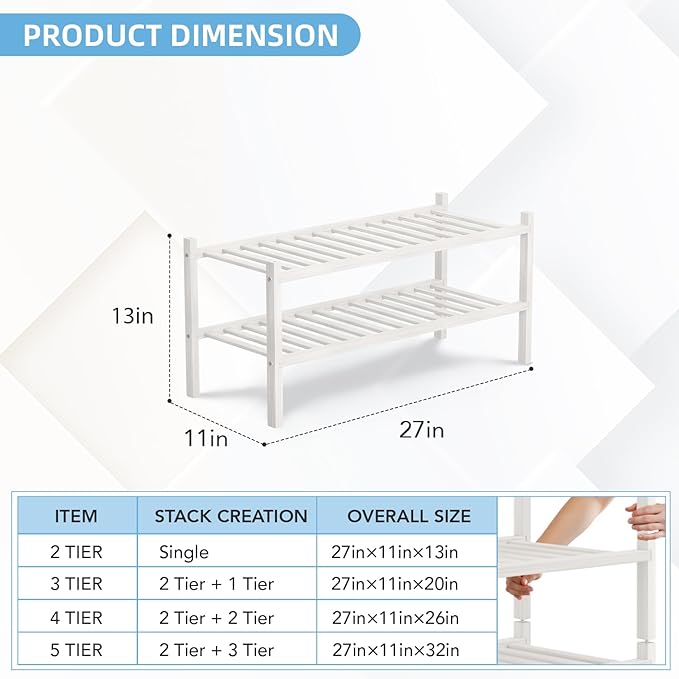 2 Tier Bamboo Shoe Rack Storage Organizer for Closet, Multifunctional Stackable Free Standing Shoe Shelf Organizer for Small 