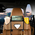 Back Seat Car Organizer,4 in 1 Multifunctional Car Back Seat Storage Box with Drink Cup Holder Tissue Box, for Hold Phone,Snacks, Drinks, Handbag-Light Brown