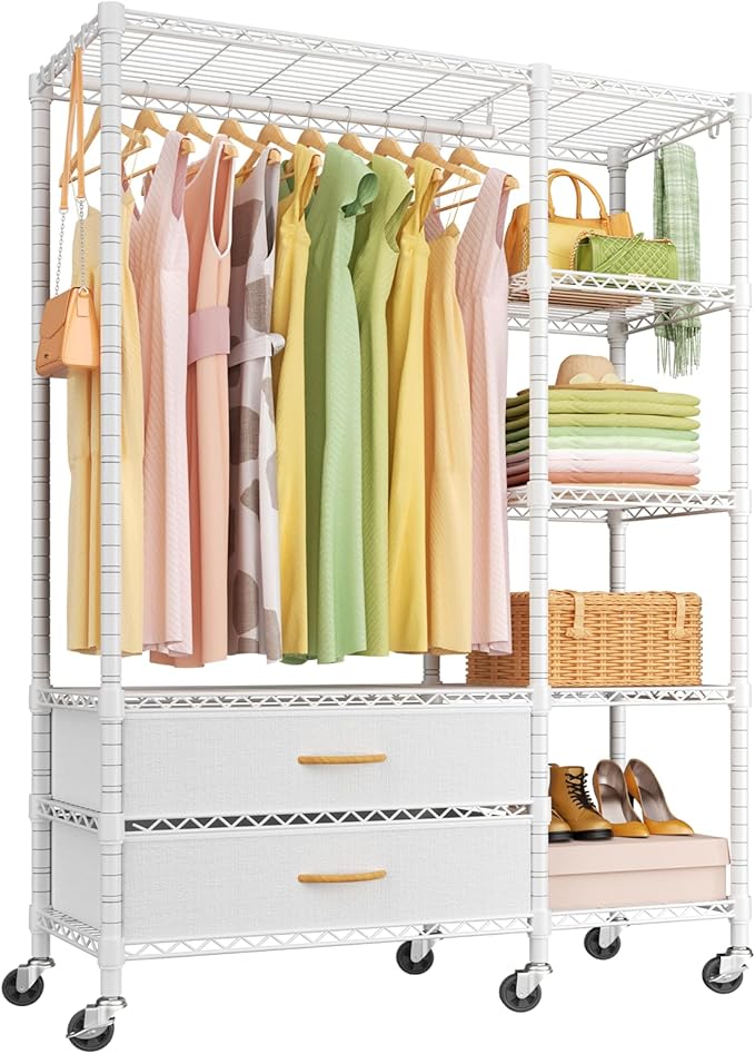 Ulif F3R Heavy Duty Clothes Rack（With Lockable Wheels）Freestanding Clothing Racks for Hanging Clothes，Adjustable Closet Organ