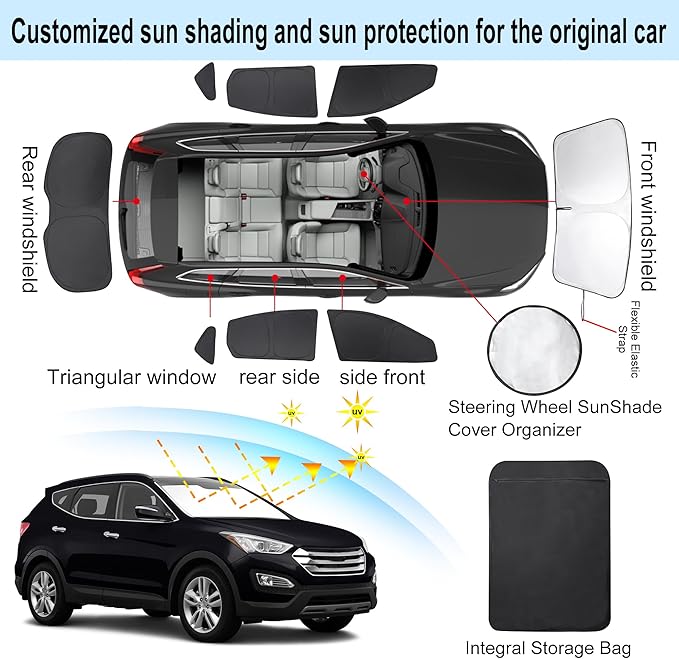 TINGLU Window Shades for Hyundai Santa Fe 2013-2018 Accessories Car Side Full Windows Rear Triangular Windshield Sun Shade Sun UV Rays & Privacy Protection for Camping,Napping,and Relaxing 8PCS