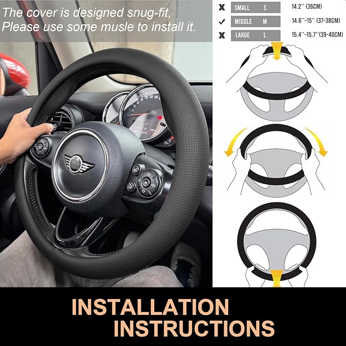 PINCTROT Nappa Leather Steering Wheel Cover, Slim Fit No Bulk Design, One Piece Leather with Breathable Perforation, Fit Like