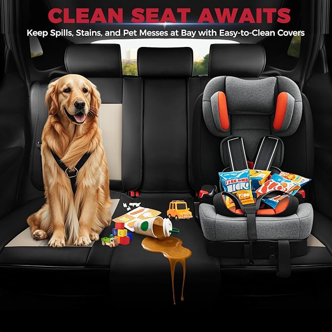 FREESOO Car Seat Covers Full Set, Leather Seat Covers for SUV, Beige Black Car Seat Covers Front Seats and Back, Waterproof C